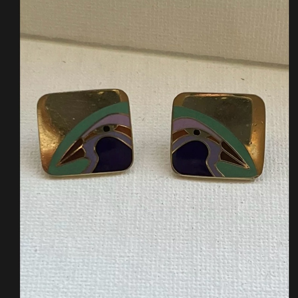 Laurel Burch Vintage Artistic Bird Post Earrings in Goldtone….Signed by Artist